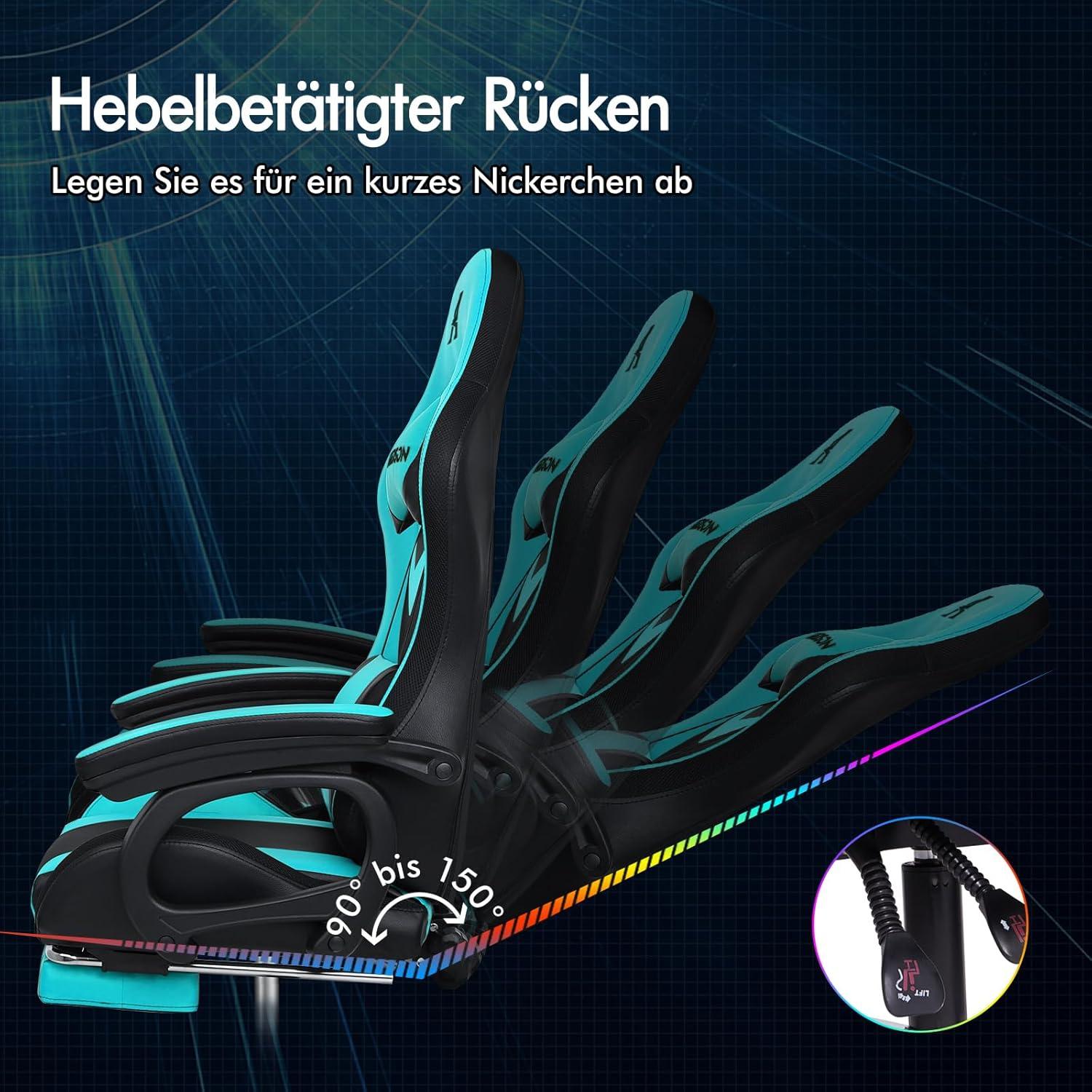 Gaming-Stuhl LED Racing Gamer 12-Farben RGB Massage Lordosenstütze Fußstütze