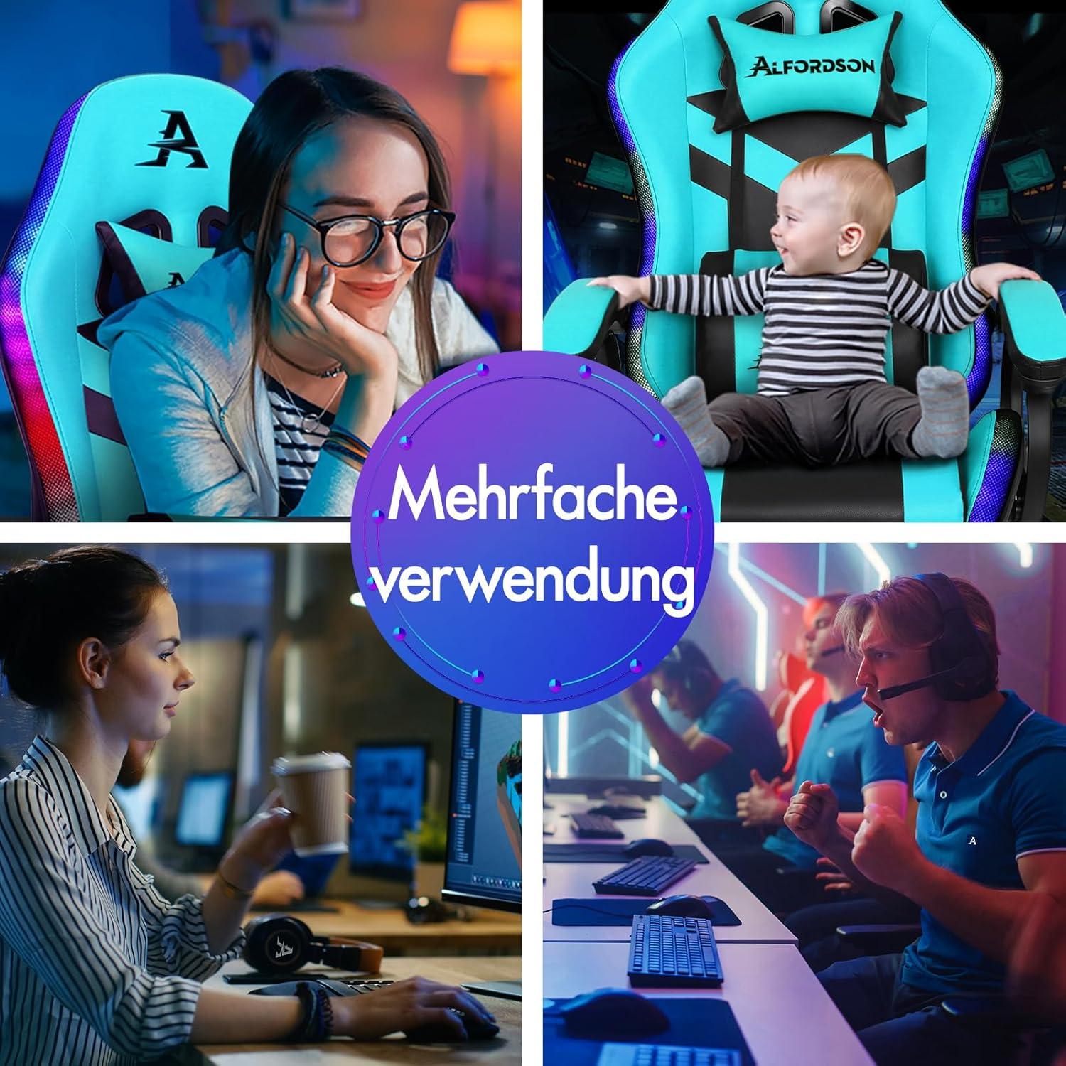 LED Gaming-Stuhl mit Massage, RGB-Beleuchtung & Lordosenstütze