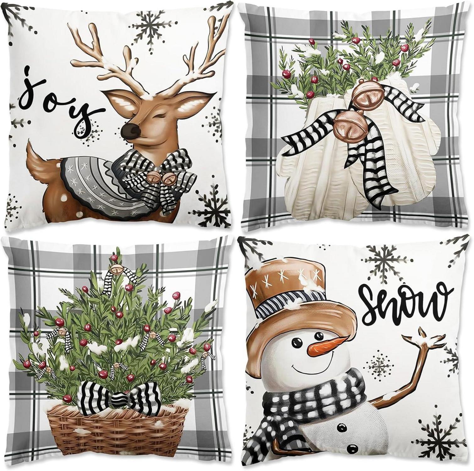 Kissenbezug Weihnachten Rentier Deko 4er Set 45x45cm Weiß Grau