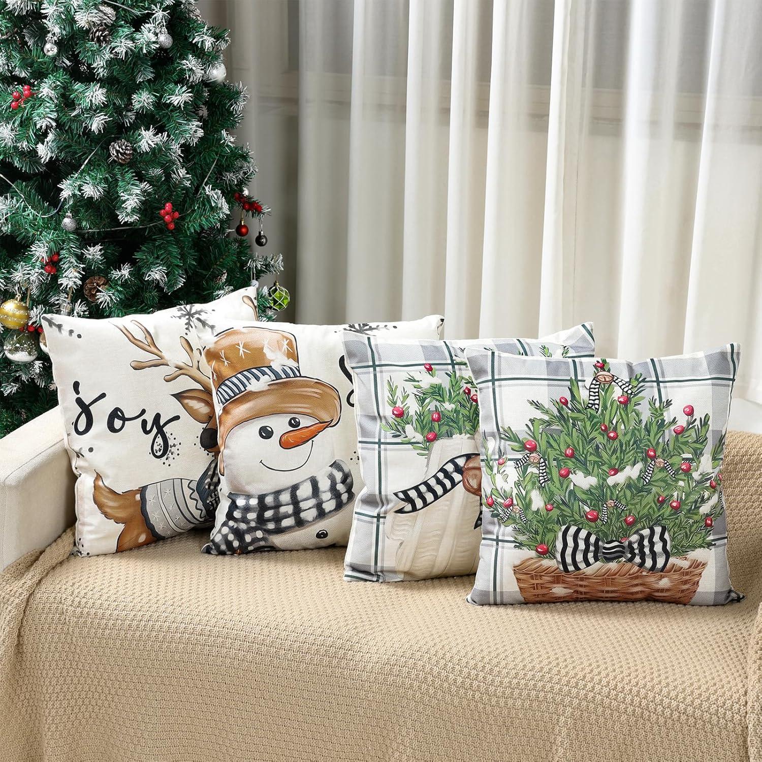 Weihnachtskissenbezug 4er Set Rentier 45x45cm Weiß Grau für Deko und Wohnzimmer