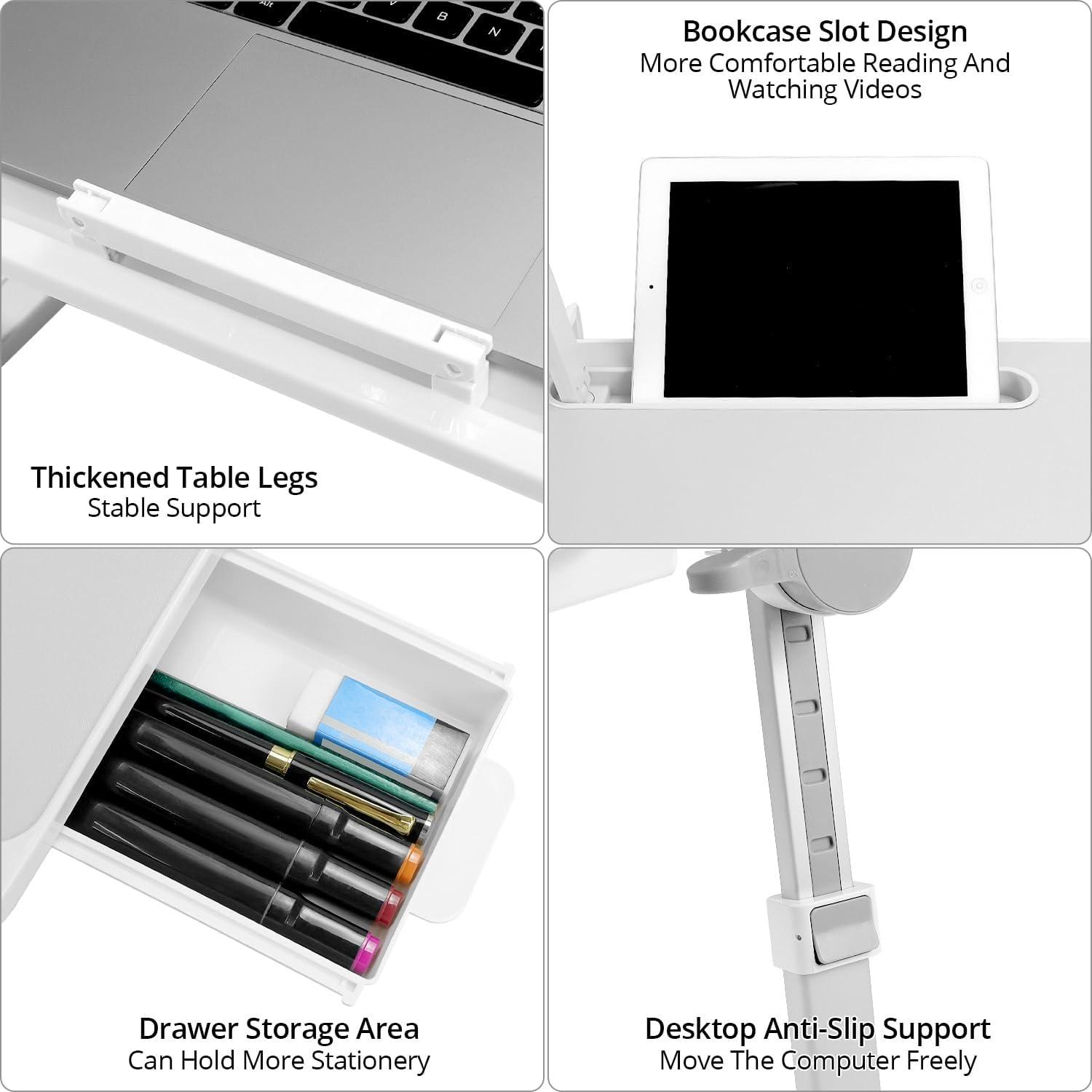 Klapptisch Bett Laptoptisch verstellbar mit Schublade & LED Lampe 60x40 cm