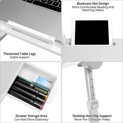 Klapptisch Bett Laptoptisch verstellbar mit Schublade & LED Lampe 60x40 cm