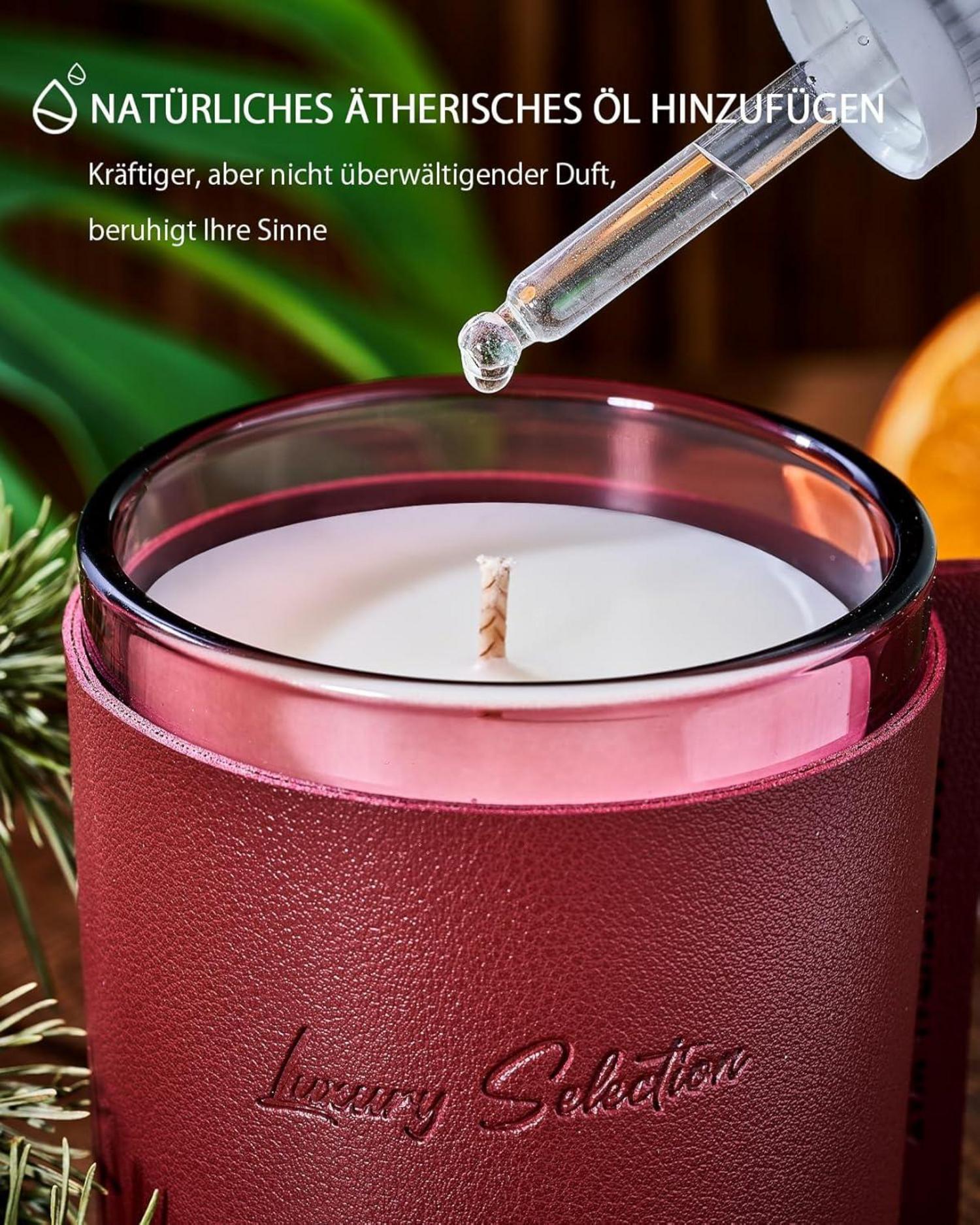 Luxury Leather Wrapped Candle, Duftkerze im Glas, Redwood, 50 Std. Brenndauer