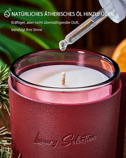 Luxury Leather Wrapped Candle, Duftkerze im Glas, Redwood, 50 Std. Brenndauer