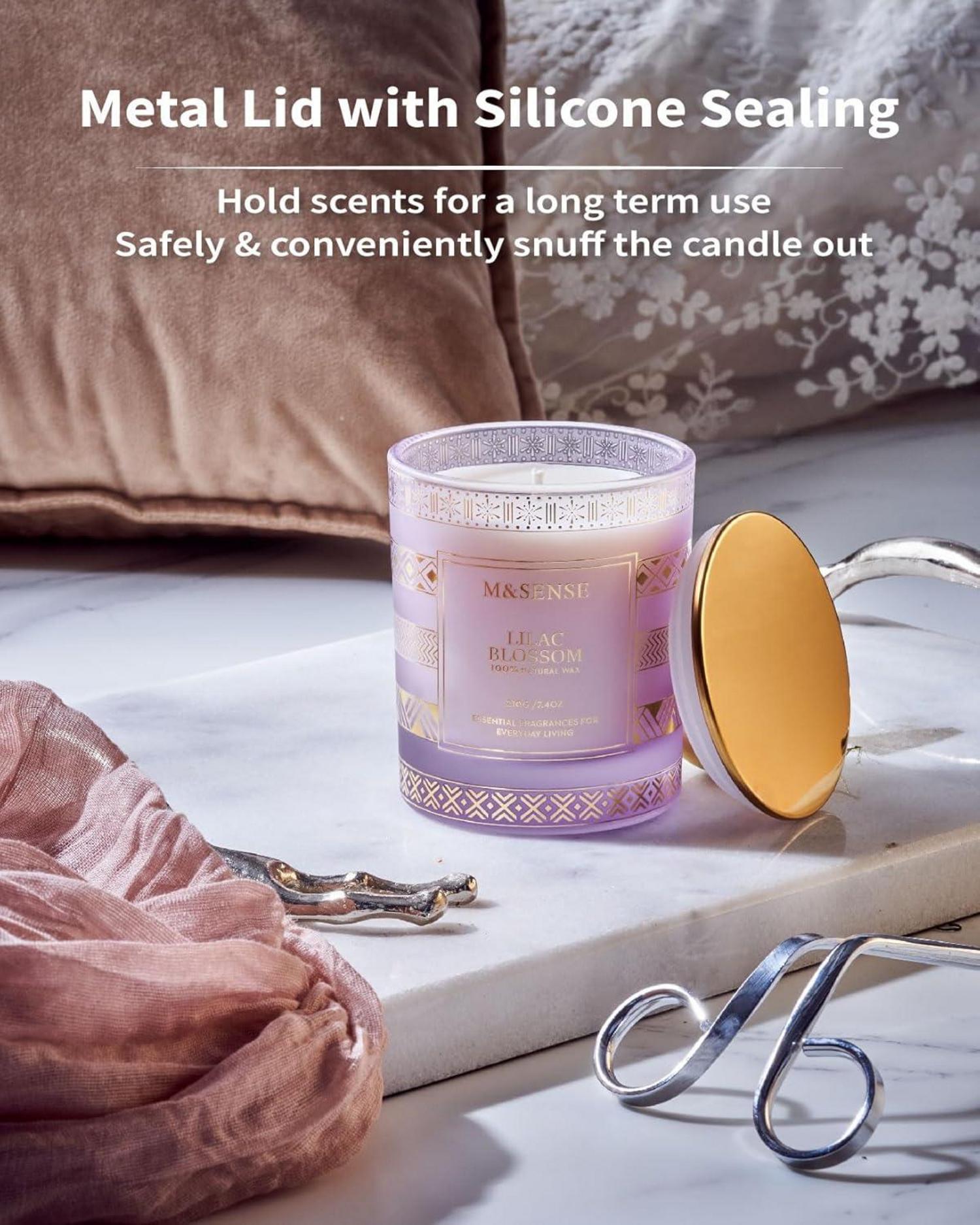 M&SENSE Fliederblüte Sojakerze 210g Aromatherapie Kerze 45h Brenndauer für Zuhause Stressabbau Meditation Yoga entspannend SPA