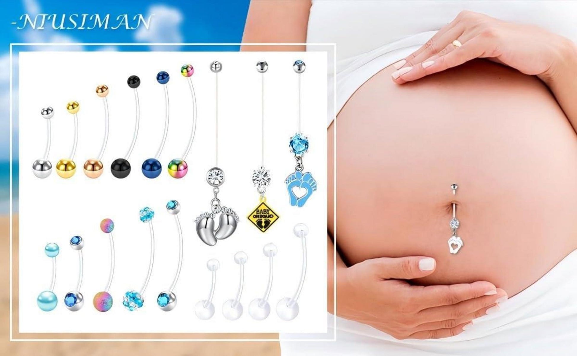 Schwangerschaft Bauchnabelpiercing Set 14G Acryl 6 Stück Bioflex Gem sortiert