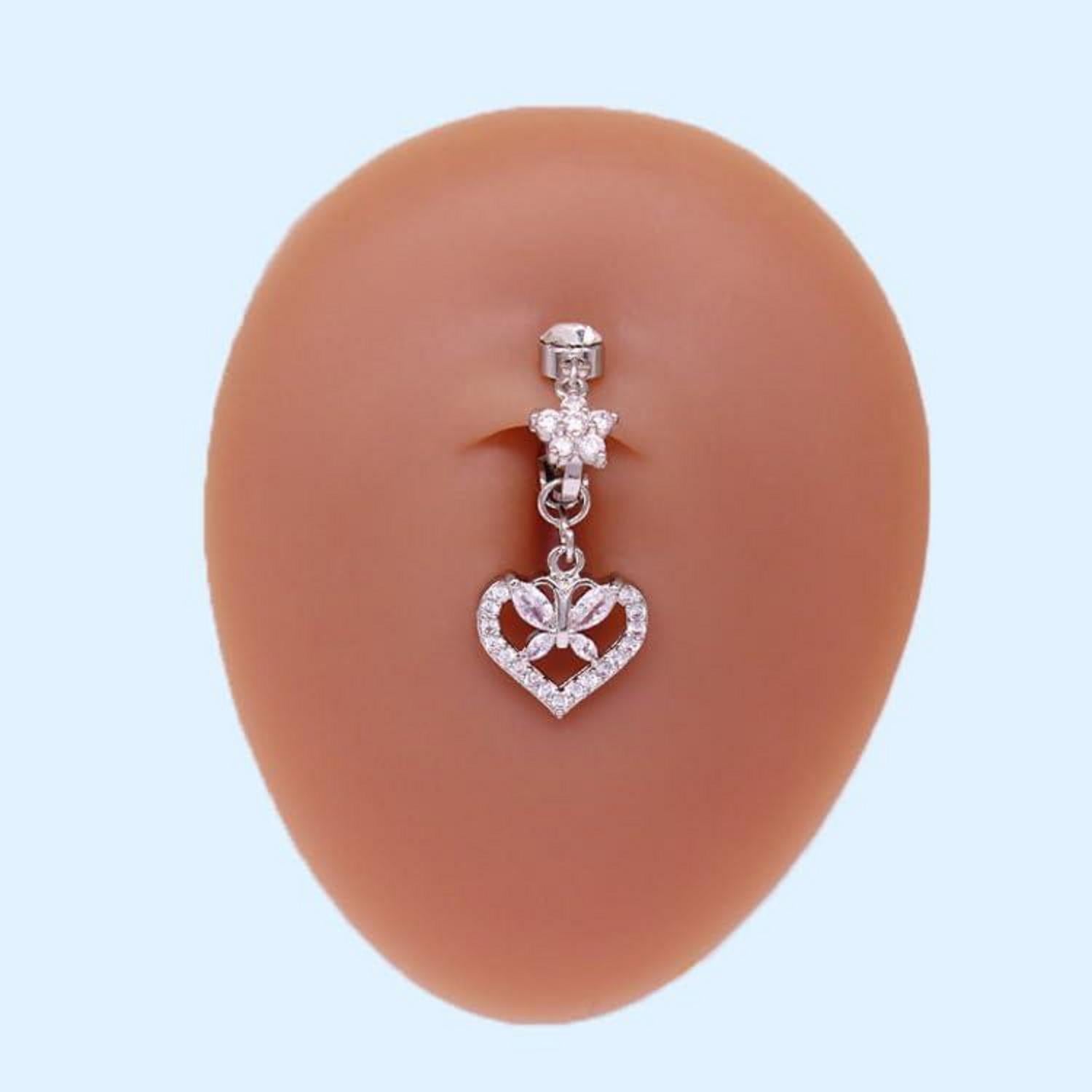 NIUSIMAN 3 Stück Fake Bauchnabelpiercing Silber Clip Herz Kristallkugel Schmetterling Lang