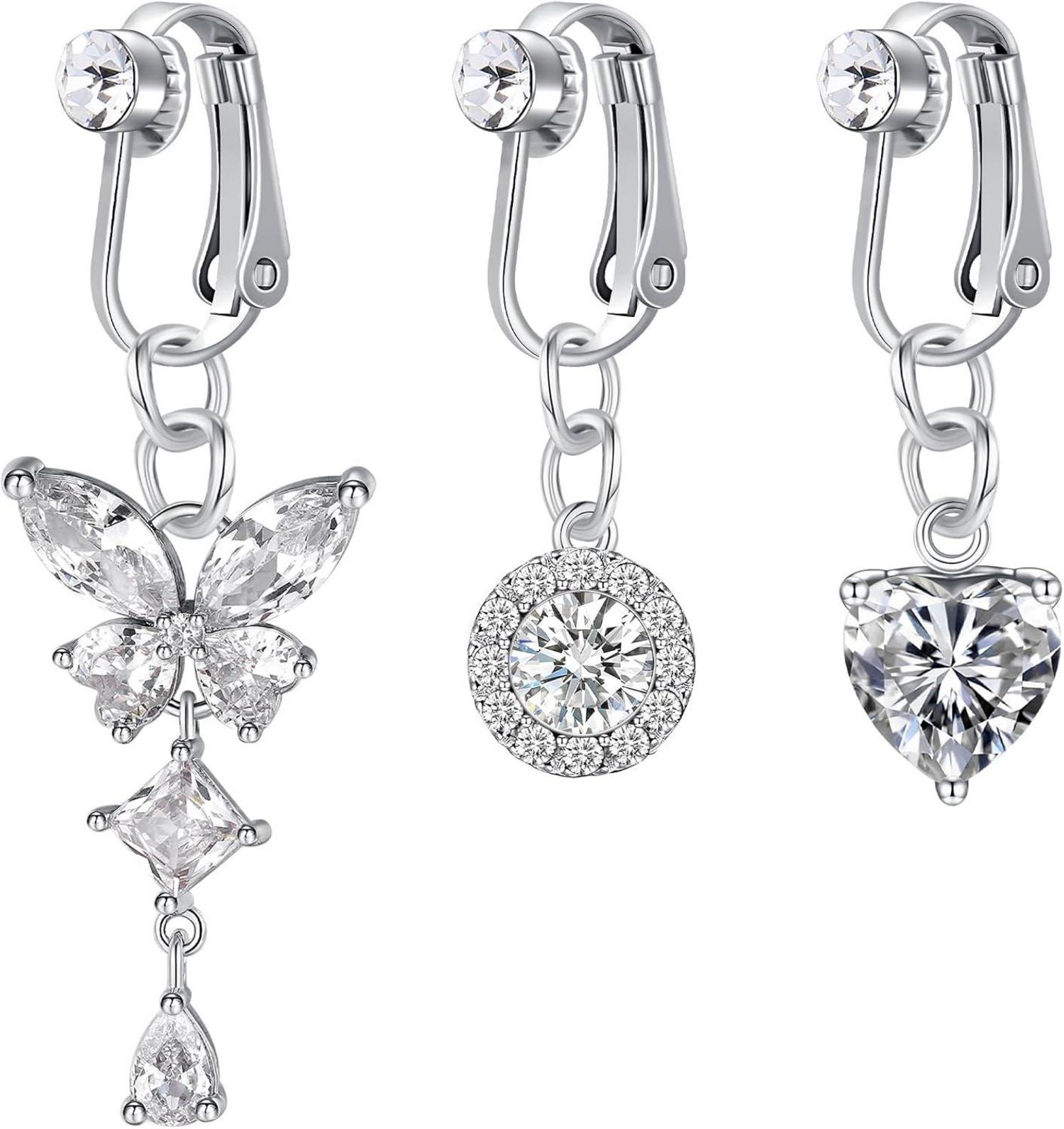 3er Set Fake Bauchnabelpiercing Chirurgenstahl CZ Anhänger Clip-on