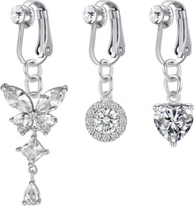 3er Set Fake Bauchnabelpiercing Chirurgenstahl CZ Anhänger Clip-on