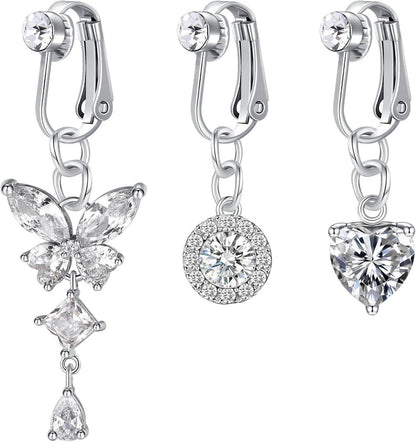 3er Set Fake Bauchnabelpiercing Chirurgenstahl CZ Anhänger Clip-on