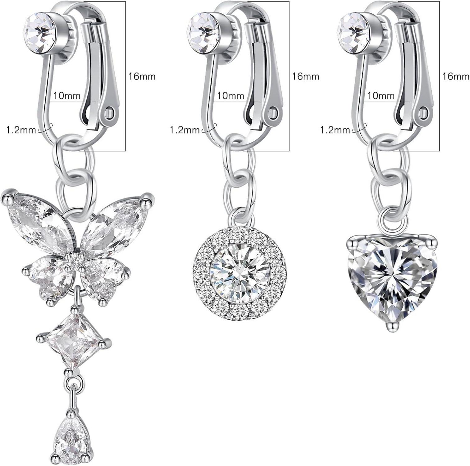 Clip-On Bauchnabelpiercing Set 3 Stück Silber CZ Anhänger
