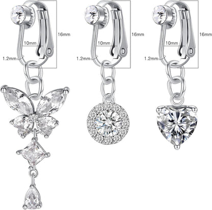 Clip-On Bauchnabelpiercing Set 3 Stück Silber CZ Anhänger