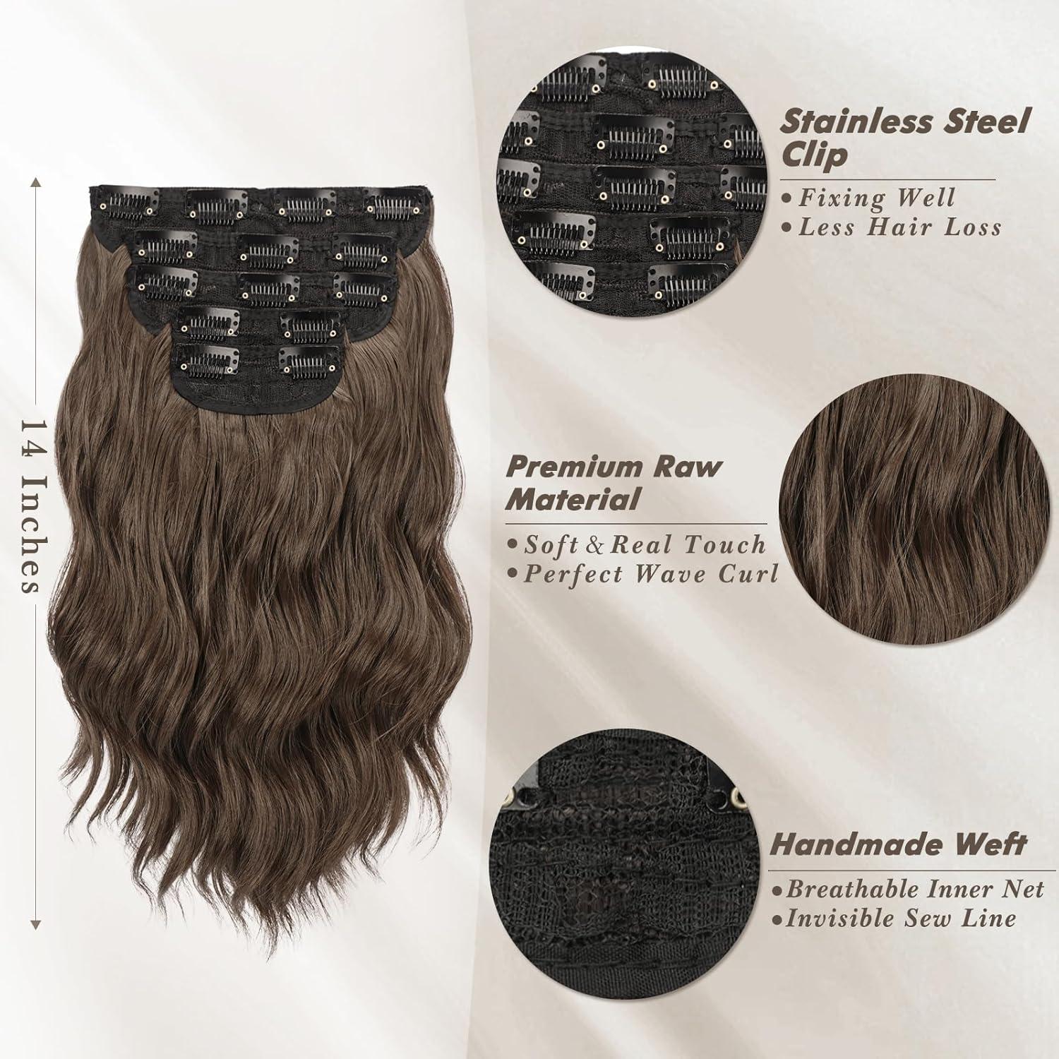 Braune Wellige Clip-in Extensions 35cm 5-teiliges Set