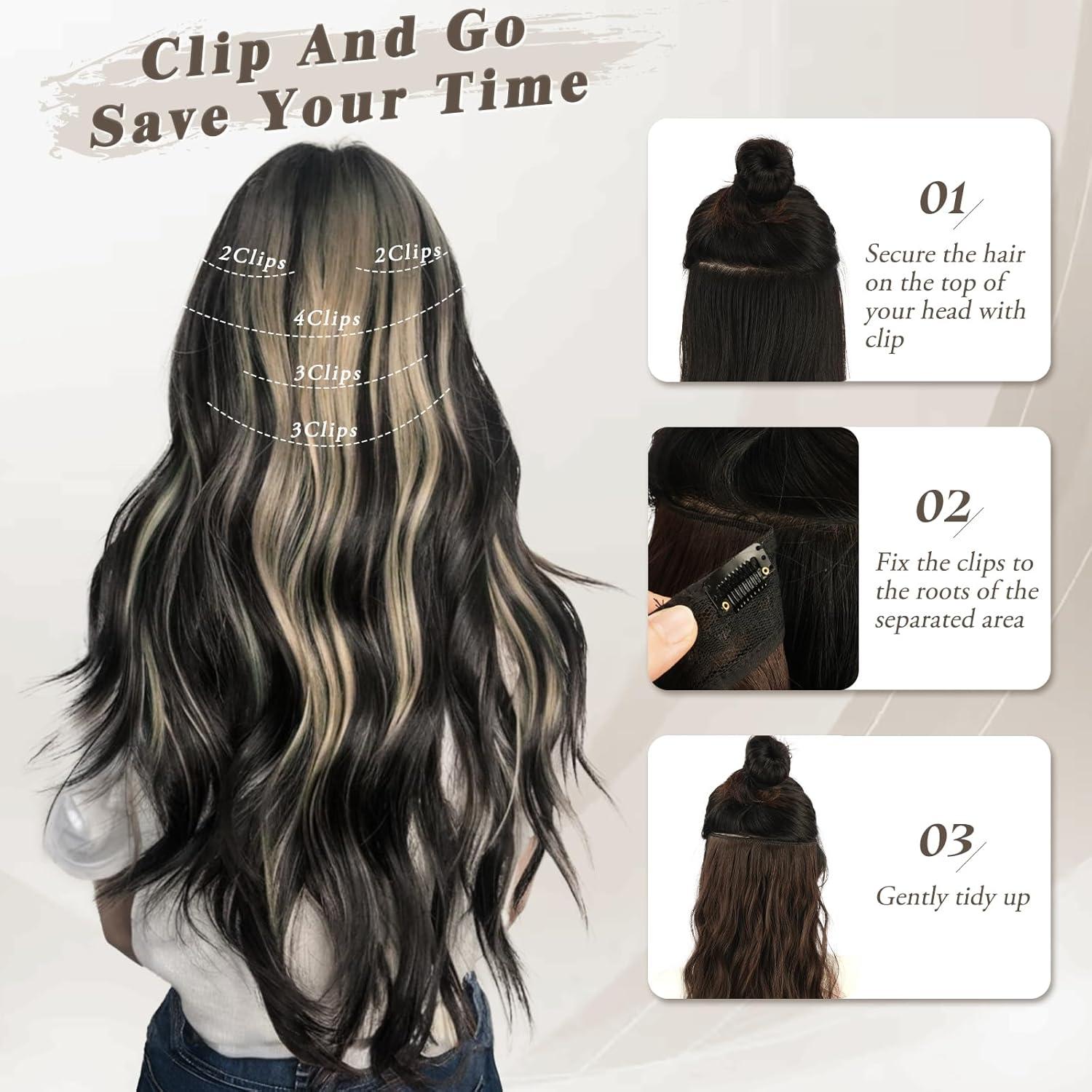 Clip in Extensions 50cm Highlight Wellig Schwarz Blond 5er Set