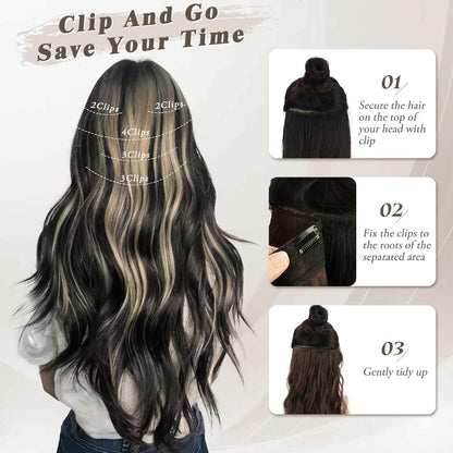 Clip in Extensions 50cm Highlight Wellig Schwarz Blond 5er Set
