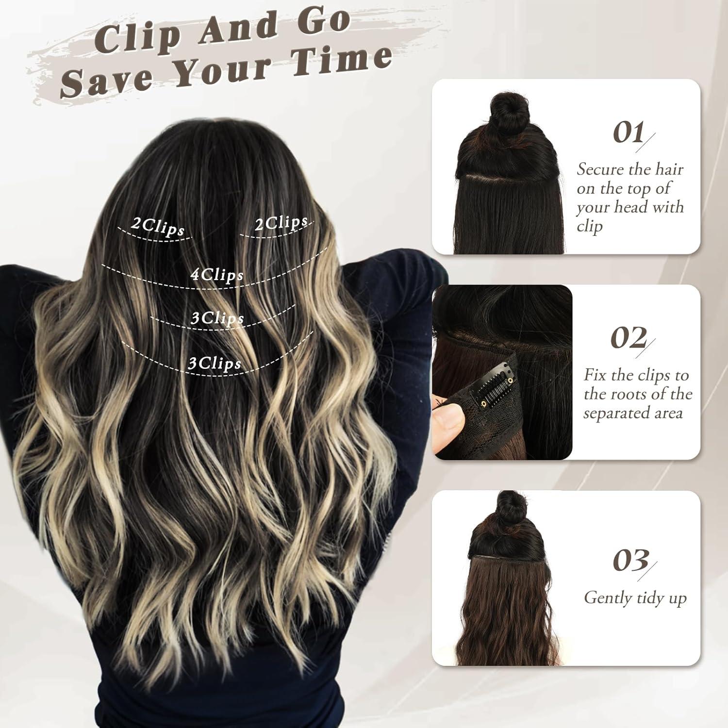 Clip in Haarextensions 35cm Highlight Wellig Schwarz Blond 5PCs