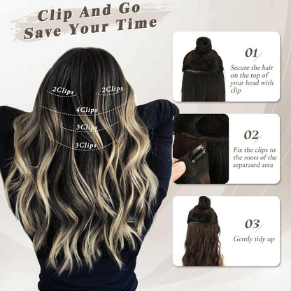 Clip in Haarextensions 35cm Highlight Wellig Schwarz Blond 5PCs
