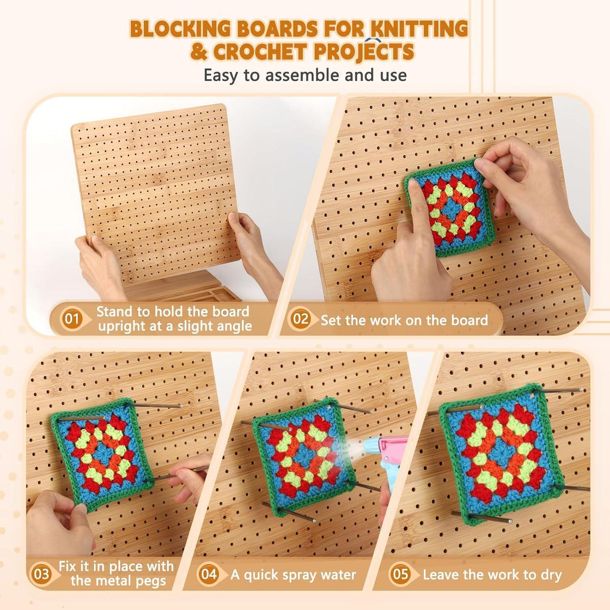 Granny Square Sperrbrett Holz 29cm mit Spanner & Zubehör