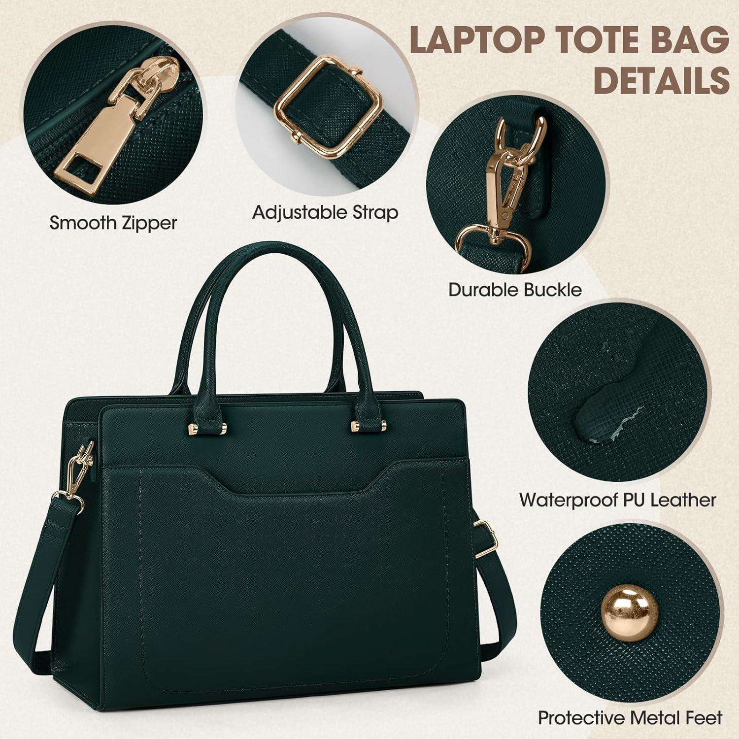 Damen Laptoptasche 15.6 Zoll PU Leder Shopper Handtasche Grüne Arbeitstasche
