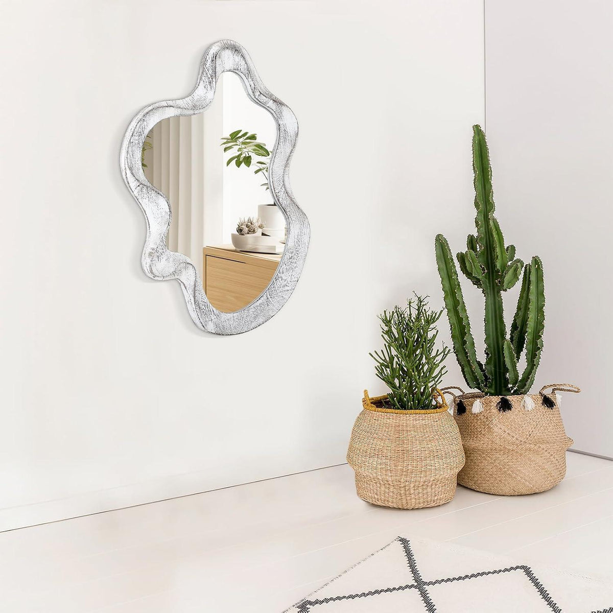 Asymmetrischer Wandspiegel mit Holzrahmen – Moderner Wolkenspiegel 55x37cm