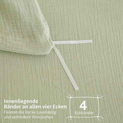 Doppelte Muslin Bettwäsche 200x220 Grün – Weiche Baumwolle Bettwäsche Set