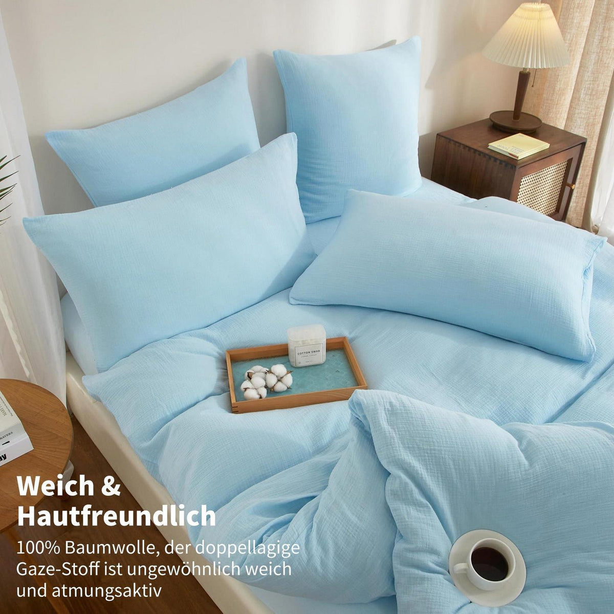 Doppelte Muslin Bettwäsche 200x220 Blau – Weiche Baumwolle Bettwäsche Set