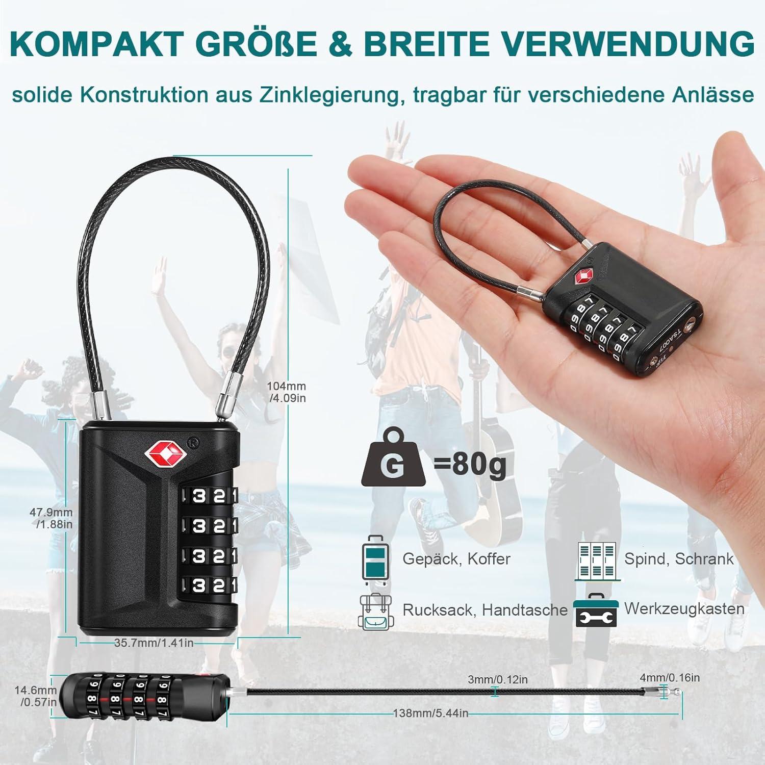 TSA Zahlenschloss Kabelschloss 4-Stellig Gepäckschloss Schwarz 2er-Pack