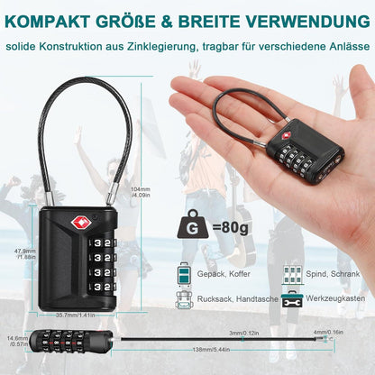 TSA Zahlenschloss Kabelschloss 4-Stellig Gepäckschloss Schwarz 2er-Pack
