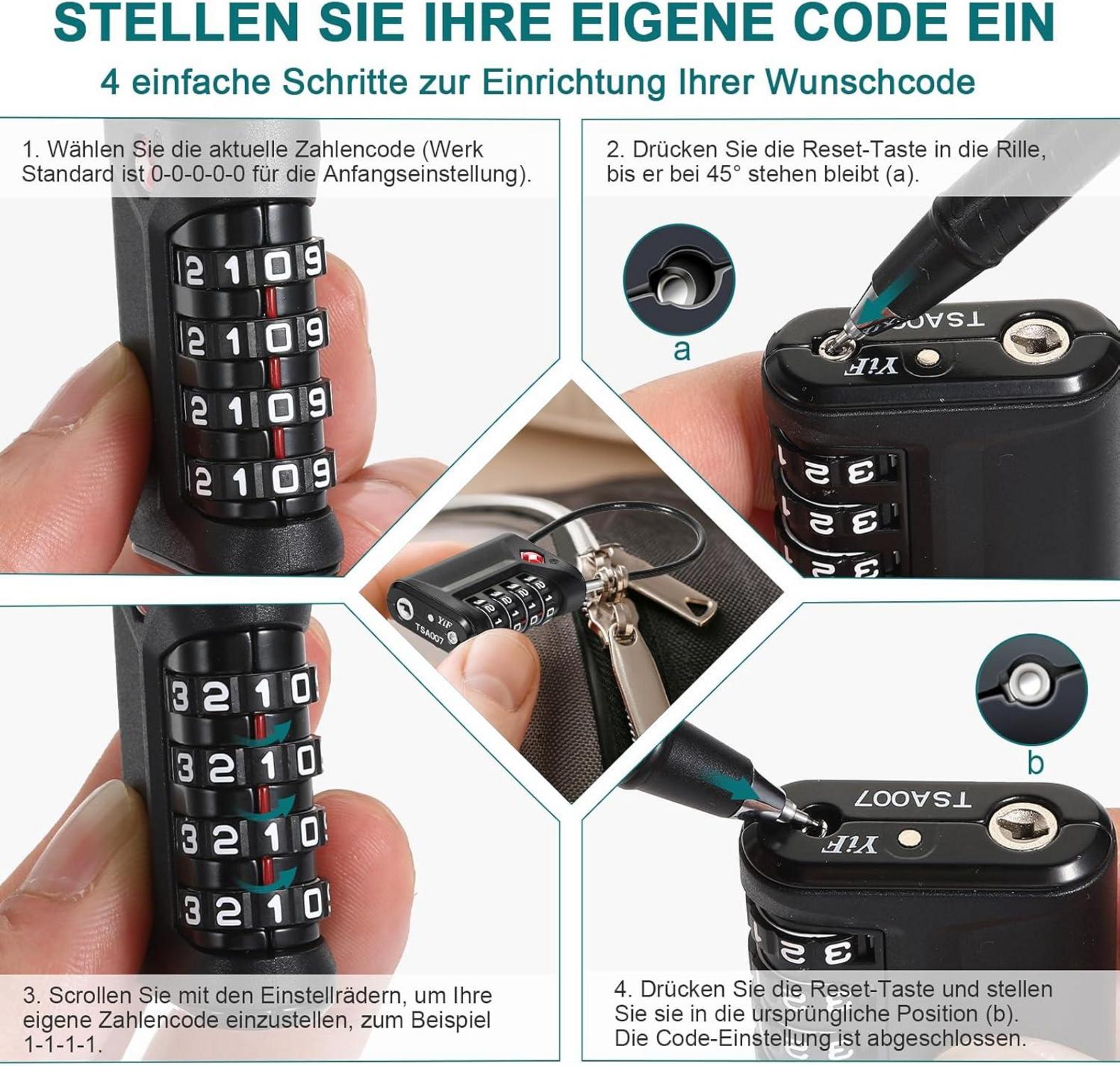TSA Zahlenschloss Kabelschloss 4-Stellig Gepäckschloss Schwarz 2er-Pack