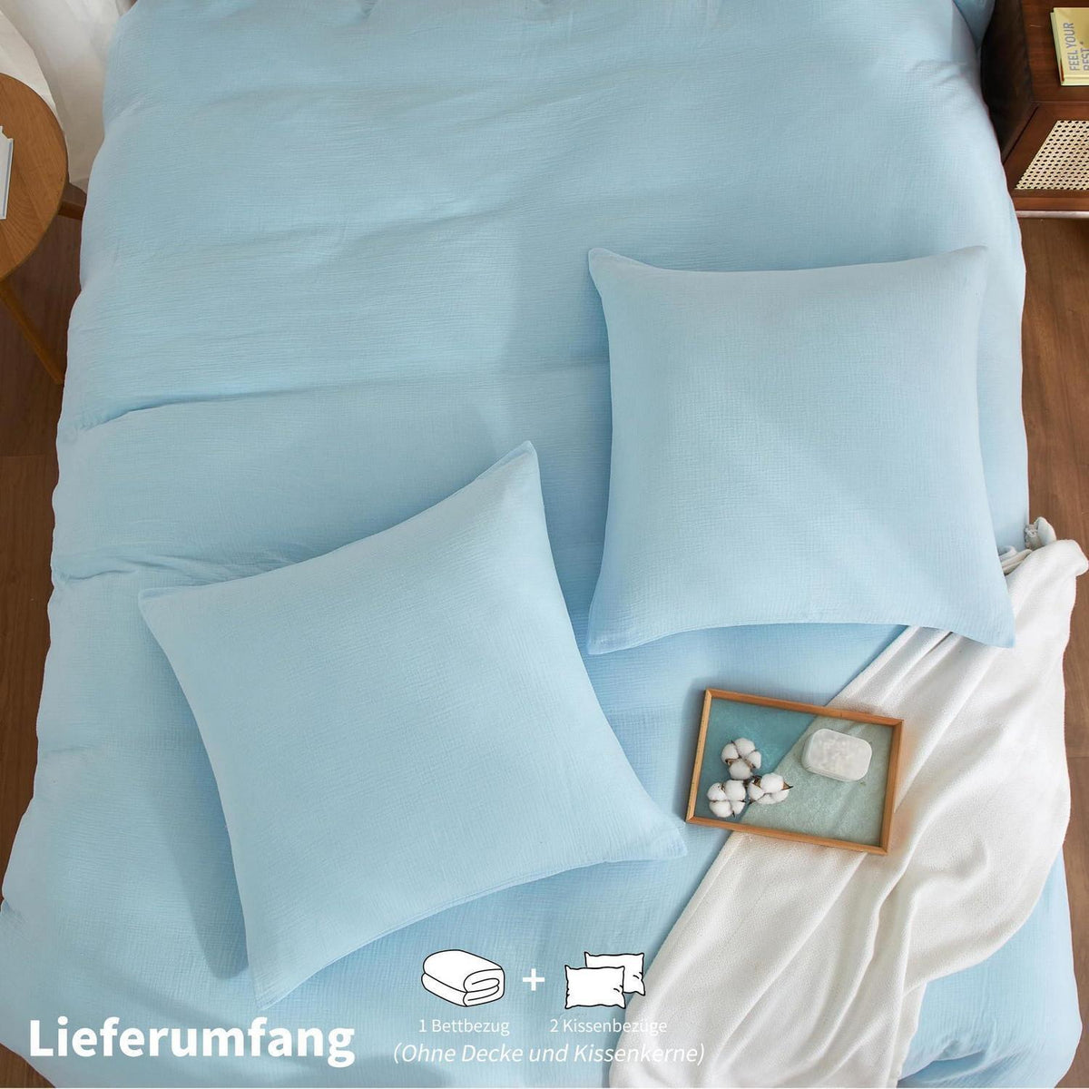 Doppelte Muslin Bettwäsche Blau 155x220 cm - 3-teilig