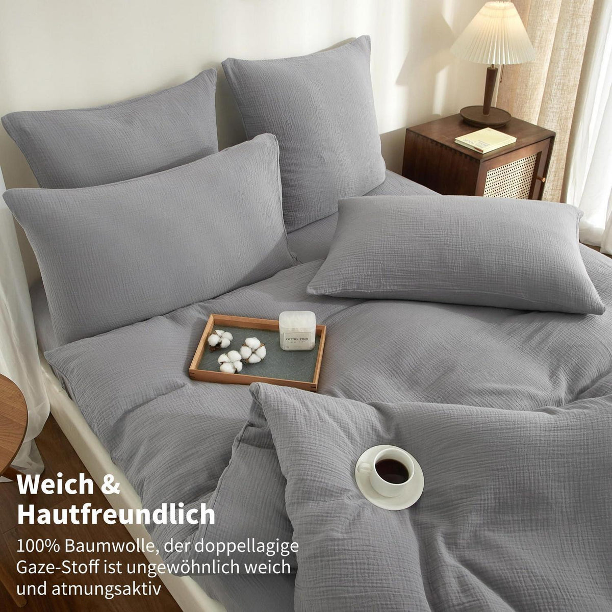 Doppelte Muslin Bettwäsche 200x220 Grau – Weich & Atmungsaktiv