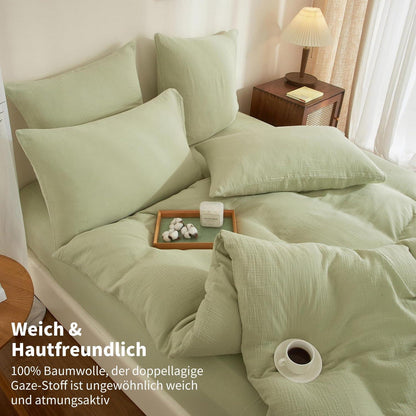Doppelte Muslin Bettwäsche 200x200 Grün – Weiche Baumwolle Bettwäsche Set