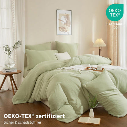 Doppelte Muslin Bettwäsche 200x200 Grün – Weiche Baumwolle Bettwäsche Set