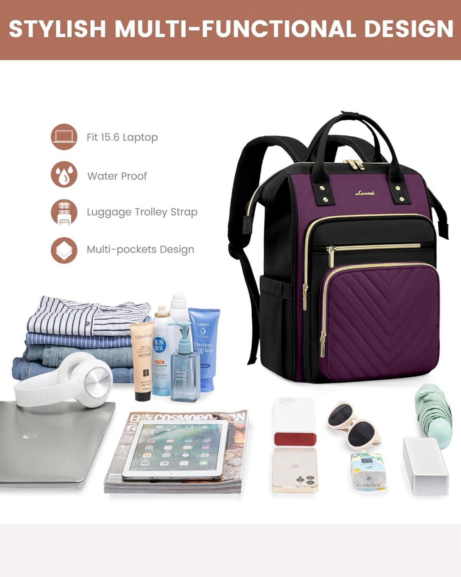 Damenrucksack 15,6 Zoll Laptop Schulrucksack Wasserdicht Violett