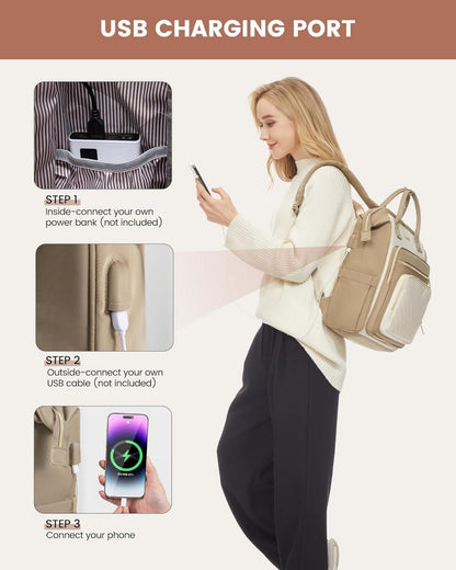 Rucksack Damen 17,3 Zoll Laptop Schulrucksack Wasserdicht Elegant Beige