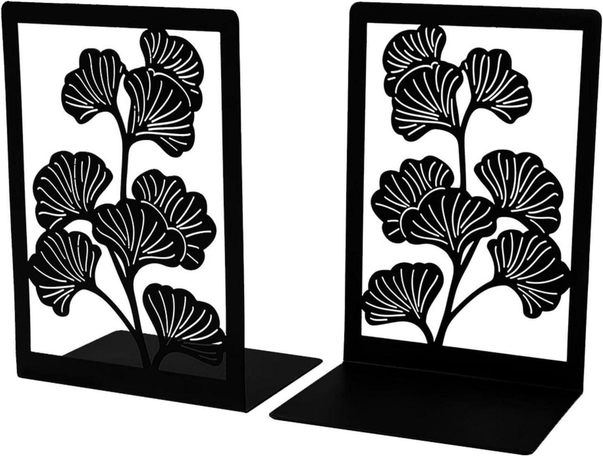 Schwarze Metall-Buchstützen im eleganten Gingko-Design