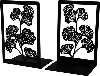 Schwarze Metall-Buchstützen im eleganten Gingko-Design