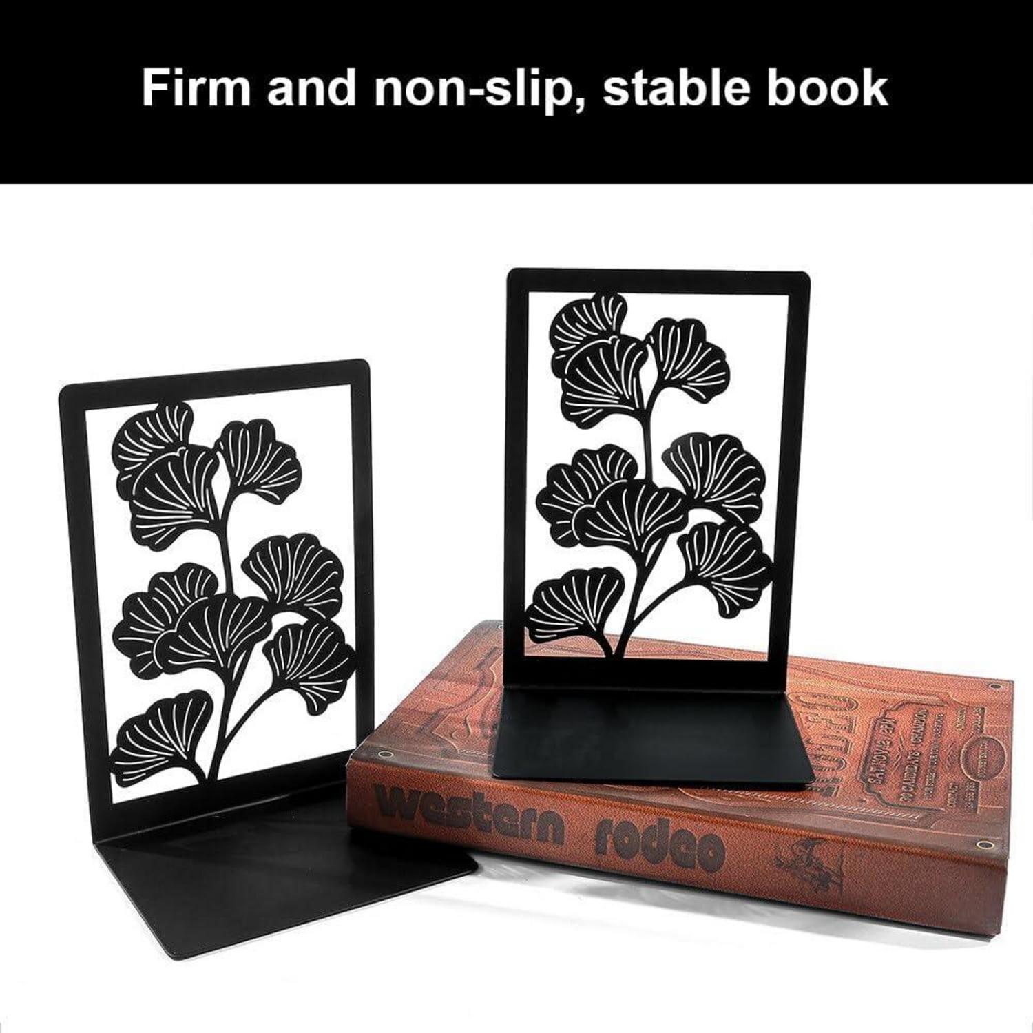 Schwarze Metall-Buchstützen im eleganten Gingko-Design