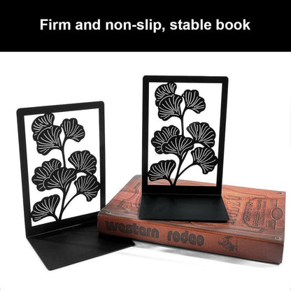 Schwarze Metall-Buchstützen im eleganten Gingko-Design