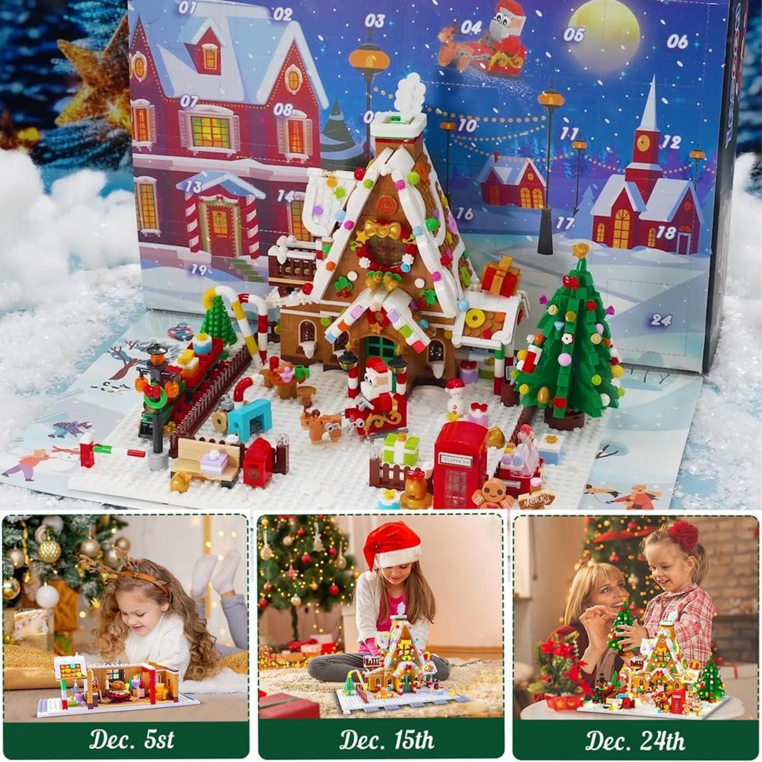INSOON Adventskalender 2024 Lebkuchenhaus Bauspielzeug LED 24-Tage Weihnachts