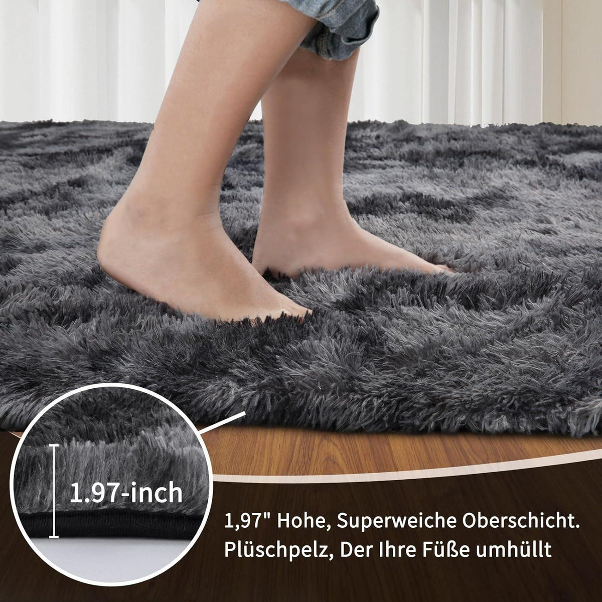 Grauer Hochflor Teppich 275x370 cm – Flauschiger Wohnzimmerteppich