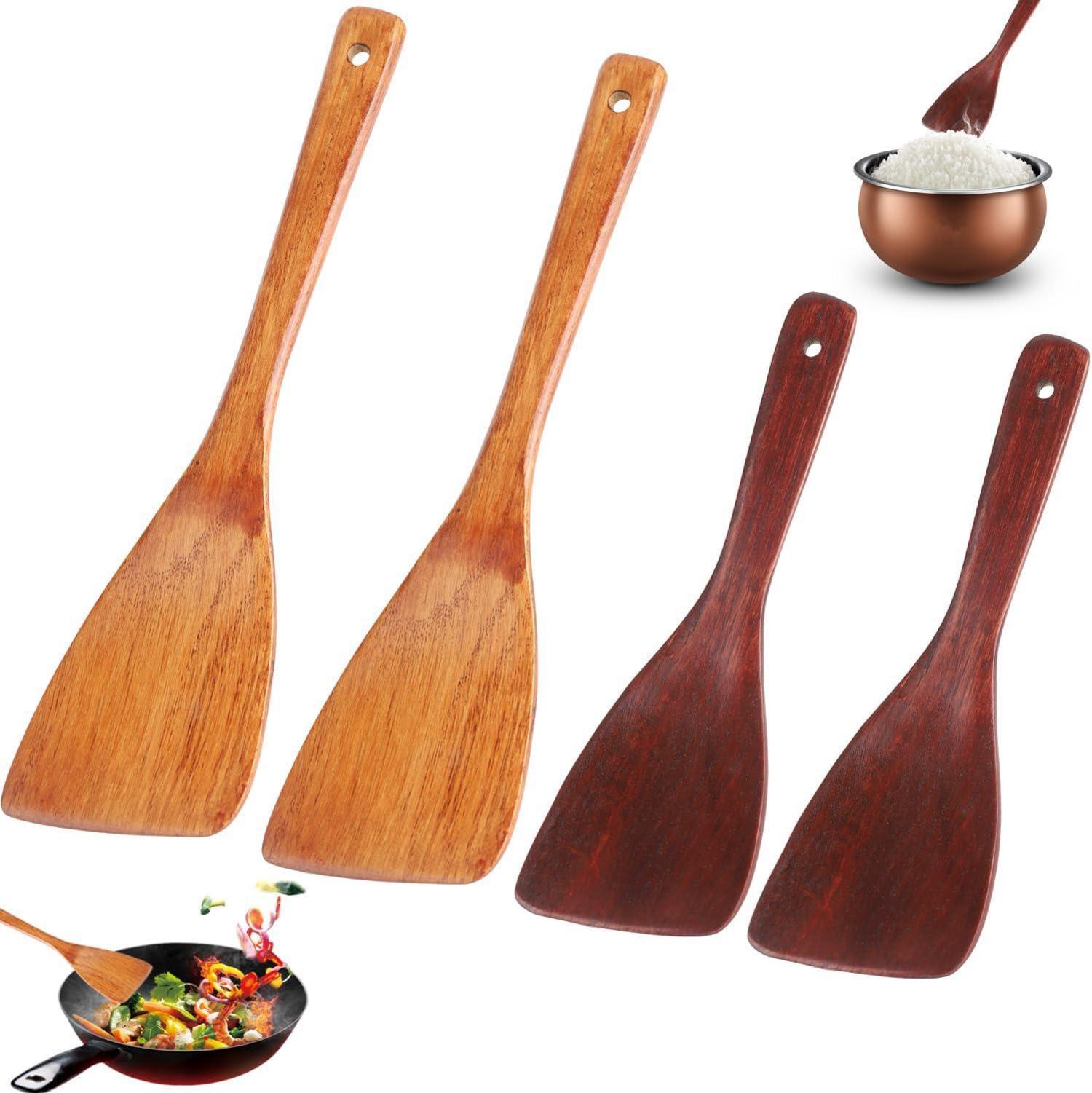 4er Set Holz Pfannenwender & Reislöffel, Hitzebeständig & Antihaft