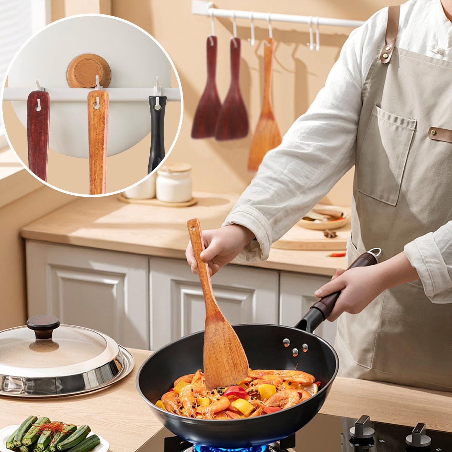 Demarsen Pfannenwender Holz Set 4 Stück, Reislöffel 33 cm, Hitzebeständig, Küchenutensilien