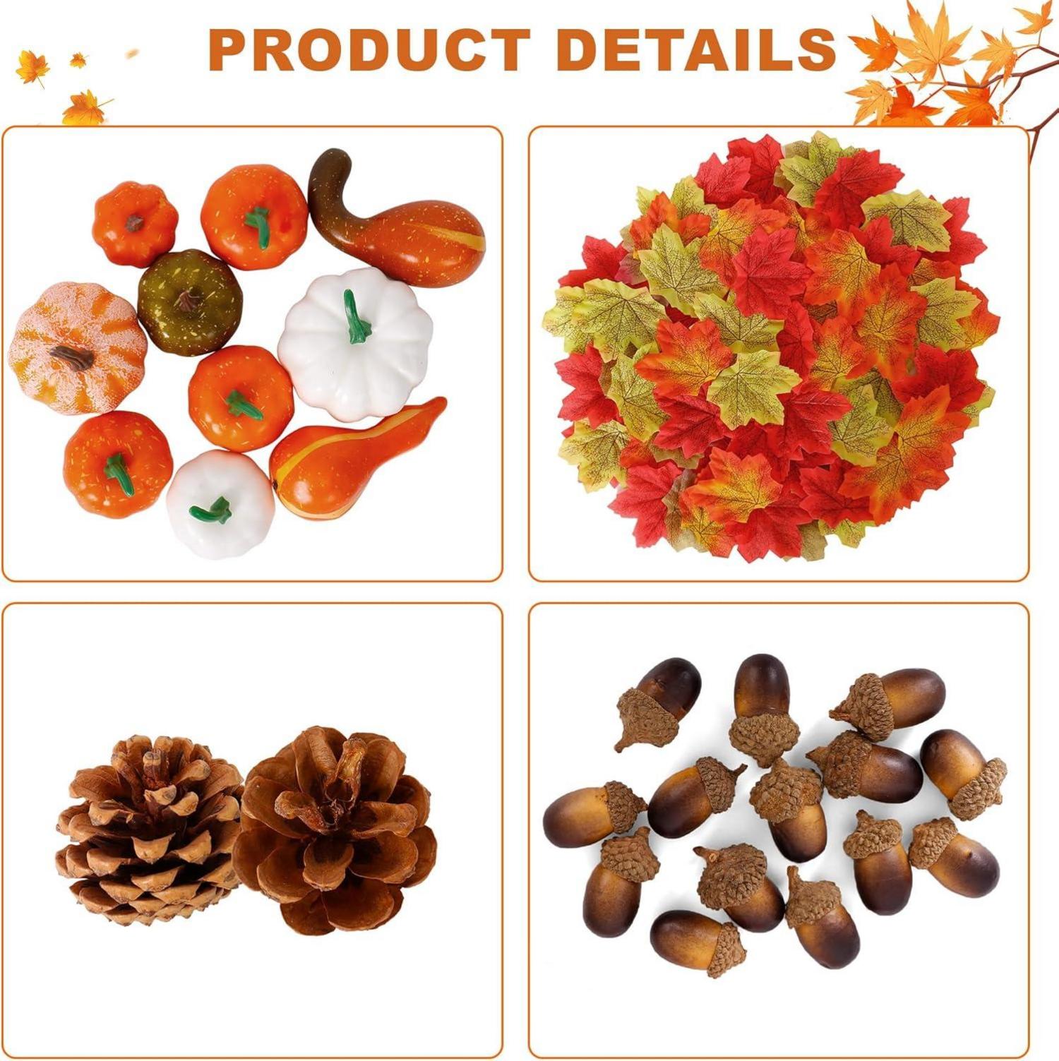 Herbstdeko Set mit Kürbissen, Tannenzapfen, Ahornblättern - DIY Herbst, Thanksgiving, Halloween Party Deko