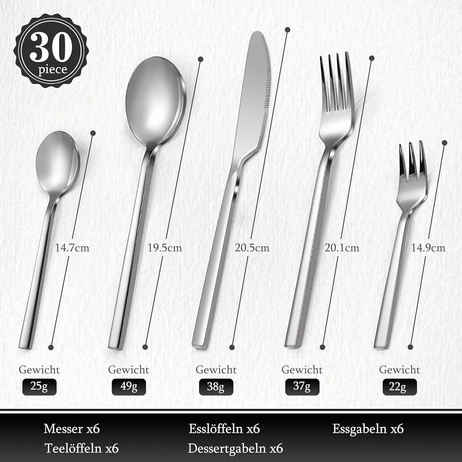 Edelstahl Besteck Set 6 Personen 30 teilig Spülmaschinenfest Silber