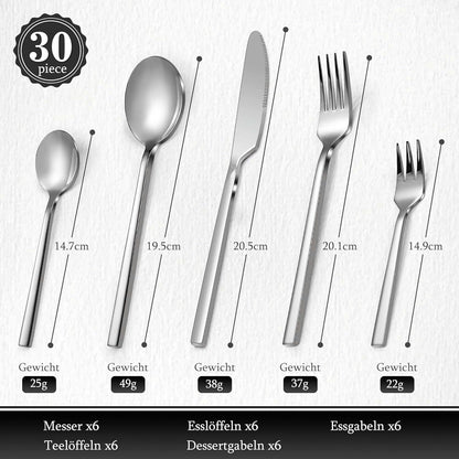 Edelstahl Besteck Set 6 Personen 30 teilig Spülmaschinenfest Silber