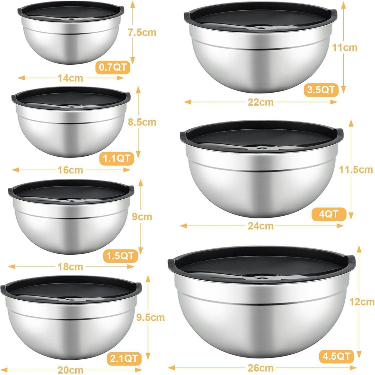 7-teiliges Rührschüssel-Set Edelstahl mit Deckel, Schwarz