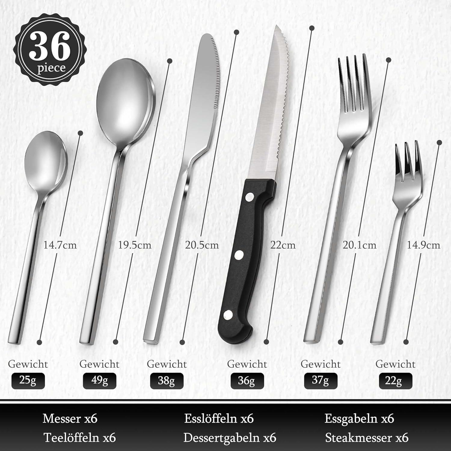 36-teiliges Besteck Set für 6 Personen mit Steakmessern - Edelstahl