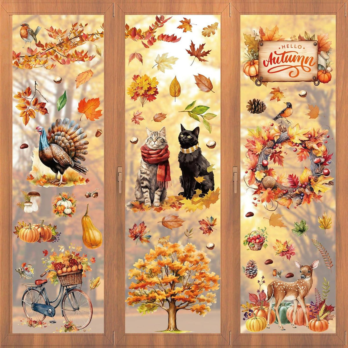 Fensterbilder Herbst Katze Kürbis Ahornblatt Selbstklebend 76