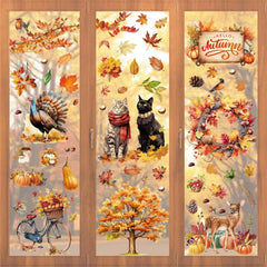 Fensterbilder Herbst Katze Kürbis Ahornblatt Selbstklebend 76